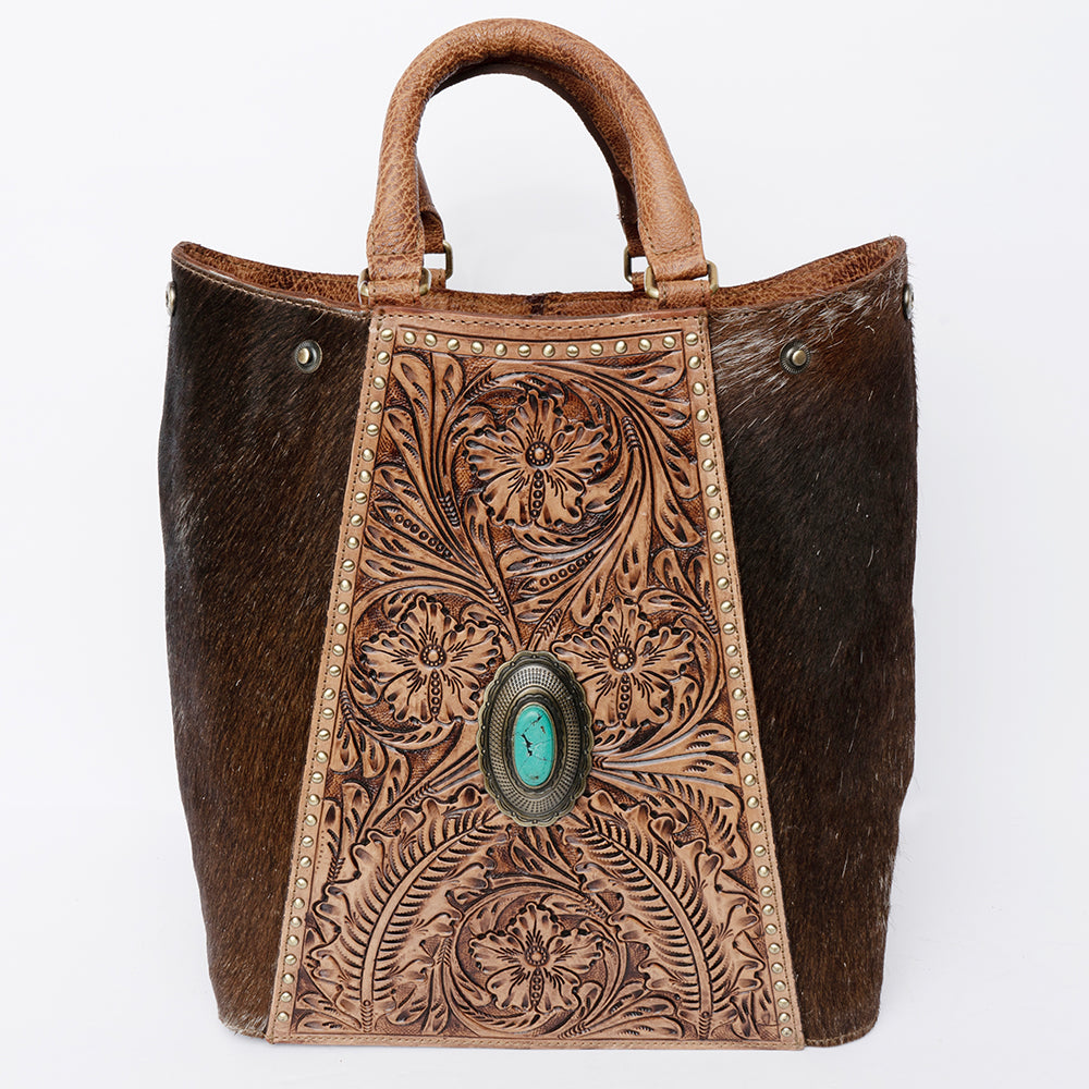 ADBGI217 Hair-On Hide Western Tote with Tooled Leather & Turquoise Concho