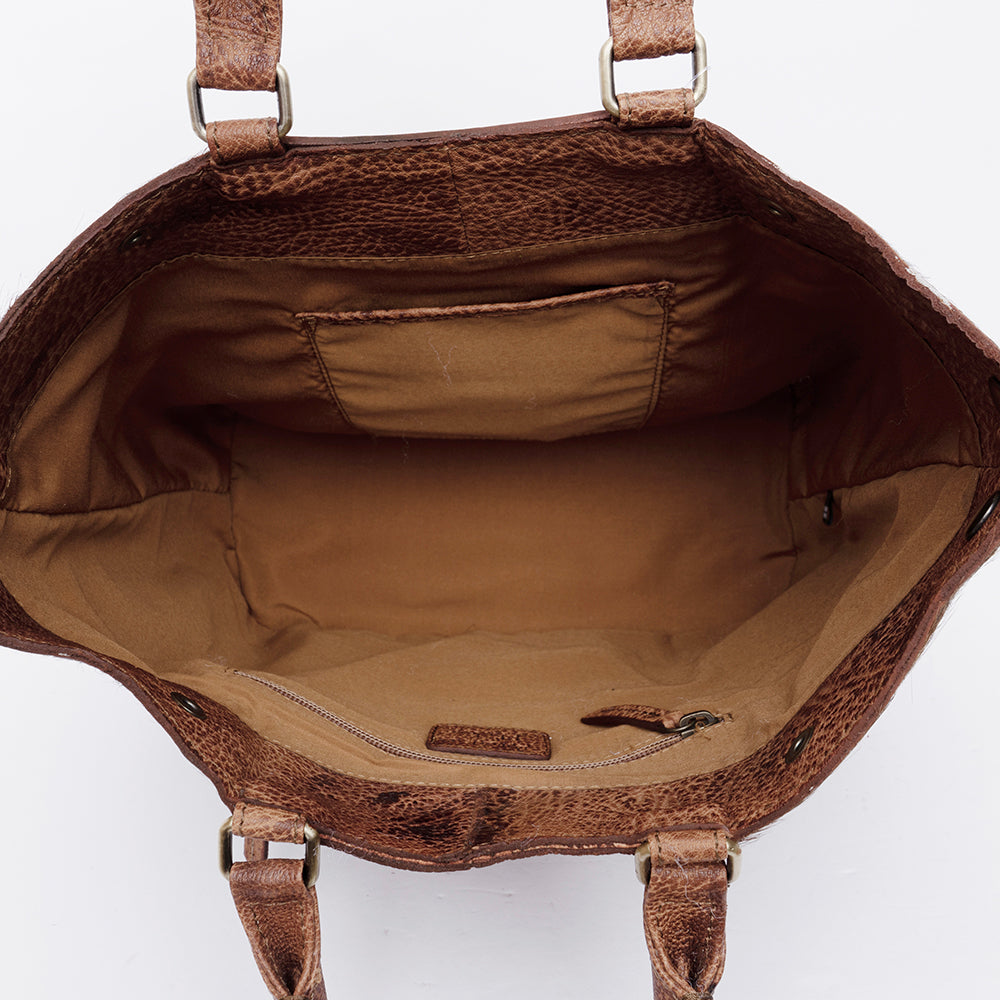 ADBGI217 Hair-On Hide Western Tote with Tooled Leather & Turquoise Concho