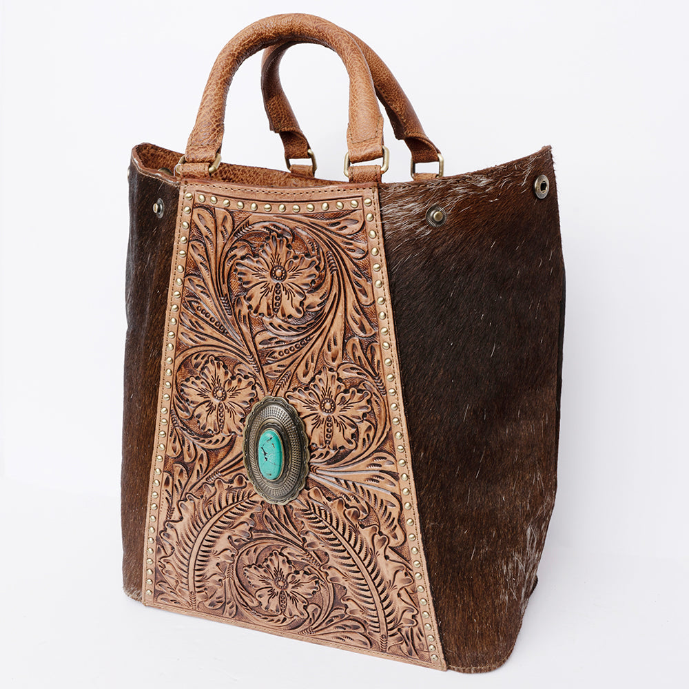 ADBGI217 Hair-On Hide Western Tote with Tooled Leather & Turquoise Concho