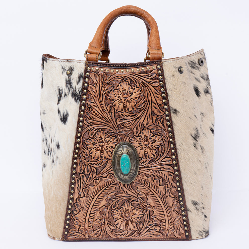 ADBGI217 Hair-On Hide Western Tote with Tooled Leather & Turquoise Concho
