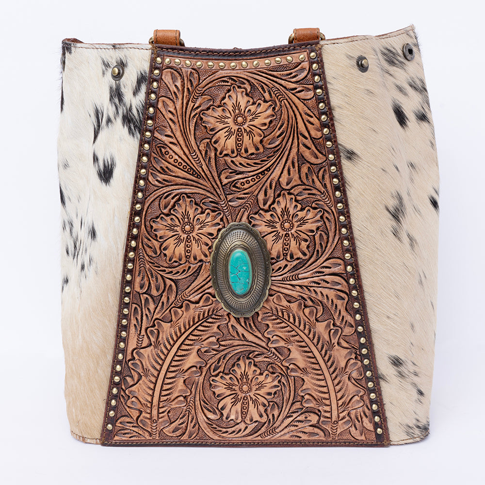 ADBGI217 Hair-On Hide Western Tote with Tooled Leather & Turquoise Concho