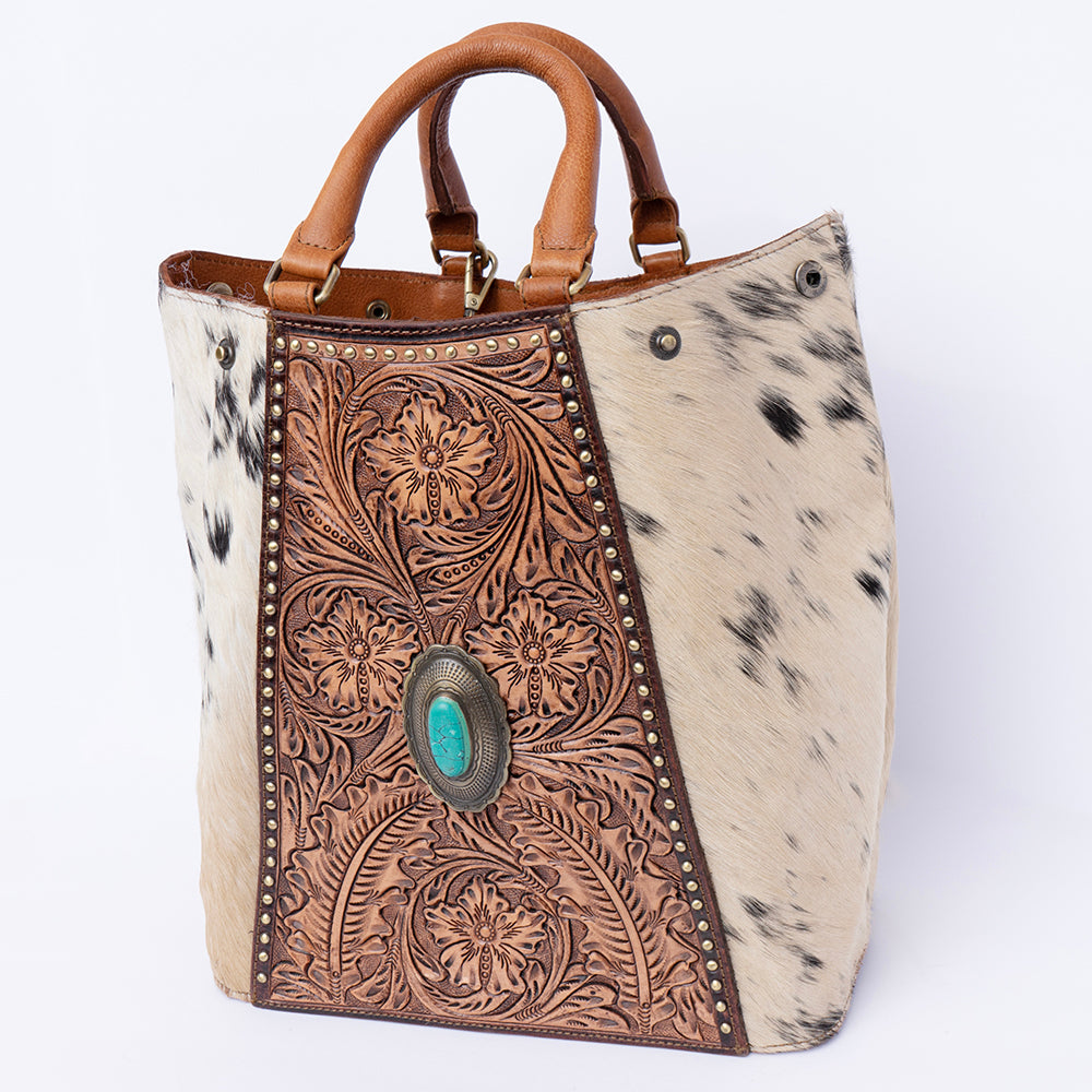 ADBGI217 Hair-On Hide Western Tote with Tooled Leather & Turquoise Concho