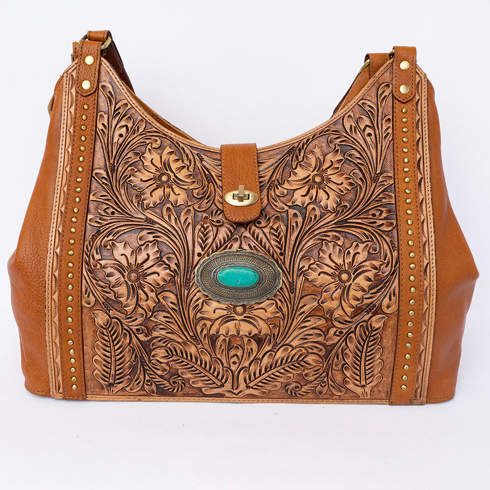 ADBGI218 Tooled Leather Hobo Bag with Turquoise Concho & Studded Trim