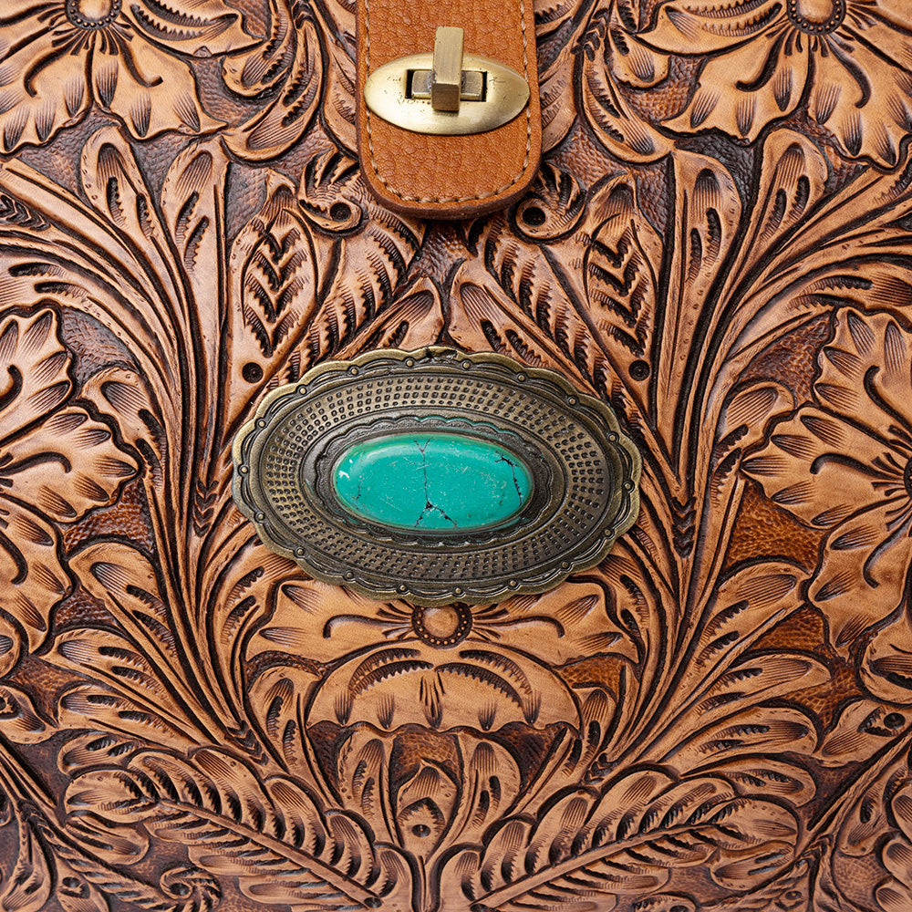 ADBGI218 Tooled Leather Hobo Bag with Turquoise Concho & Studded Trim