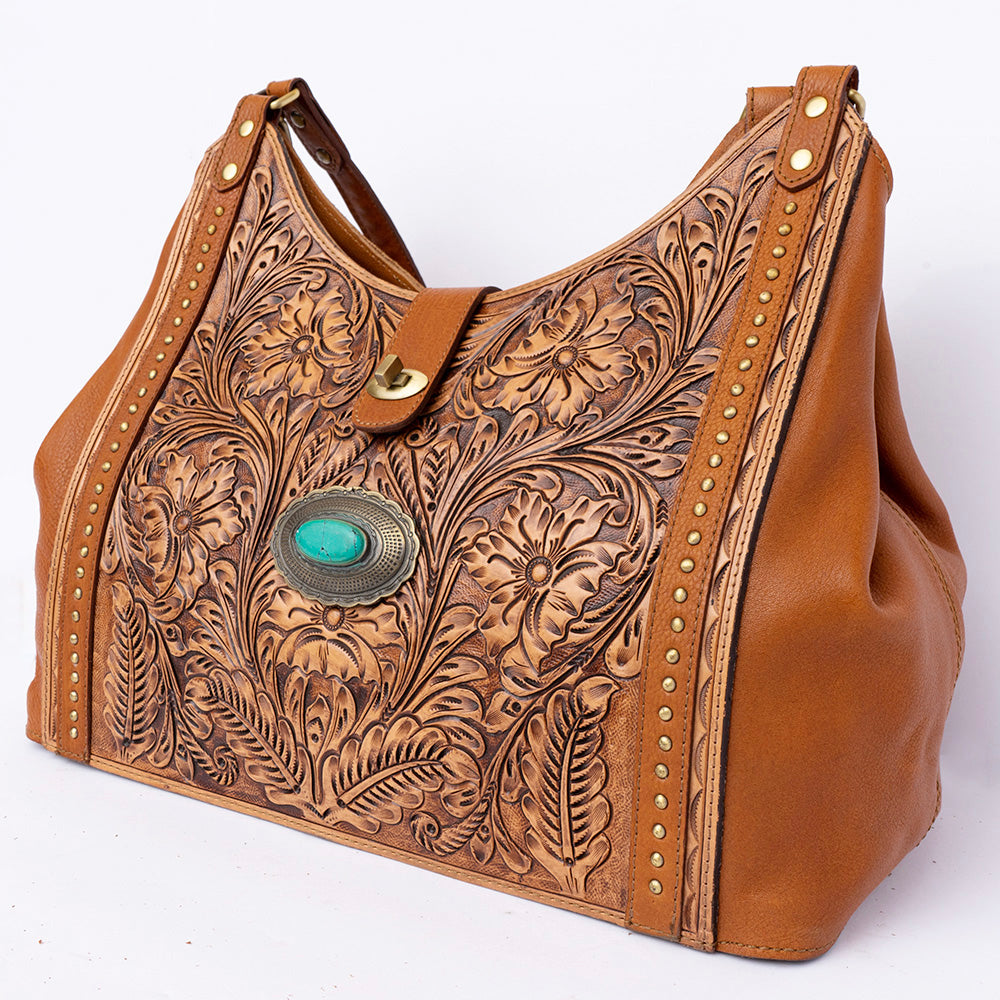 ADBGI218 Tooled Leather Hobo Bag with Turquoise Concho & Studded Trim