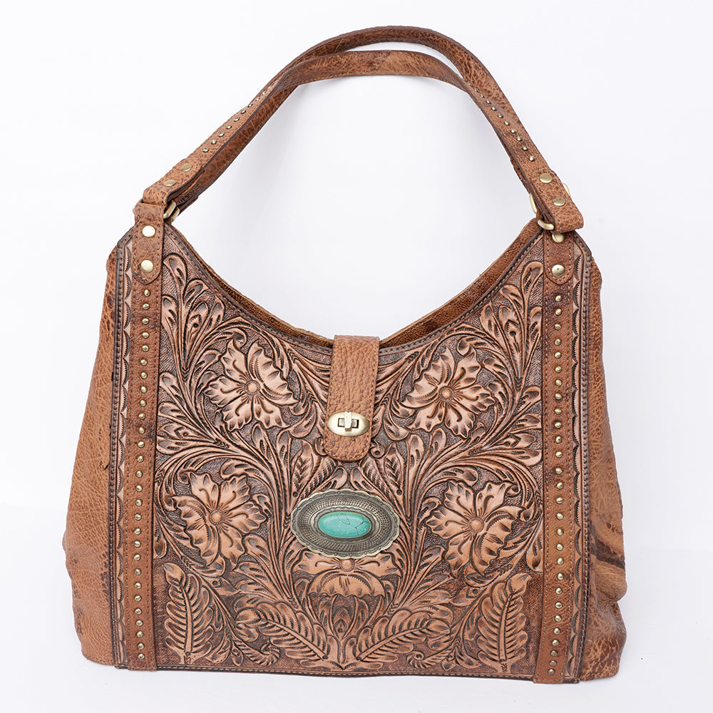 ADBGI218 Tooled Leather Hobo Bag with Turquoise Concho & Studded Trim