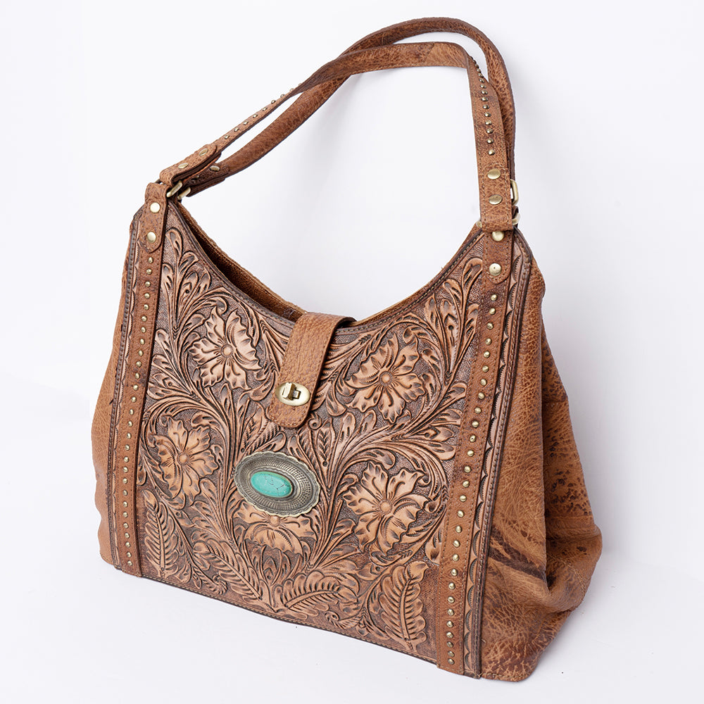 ADBGI218 Tooled Leather Hobo Bag with Turquoise Concho & Studded Trim