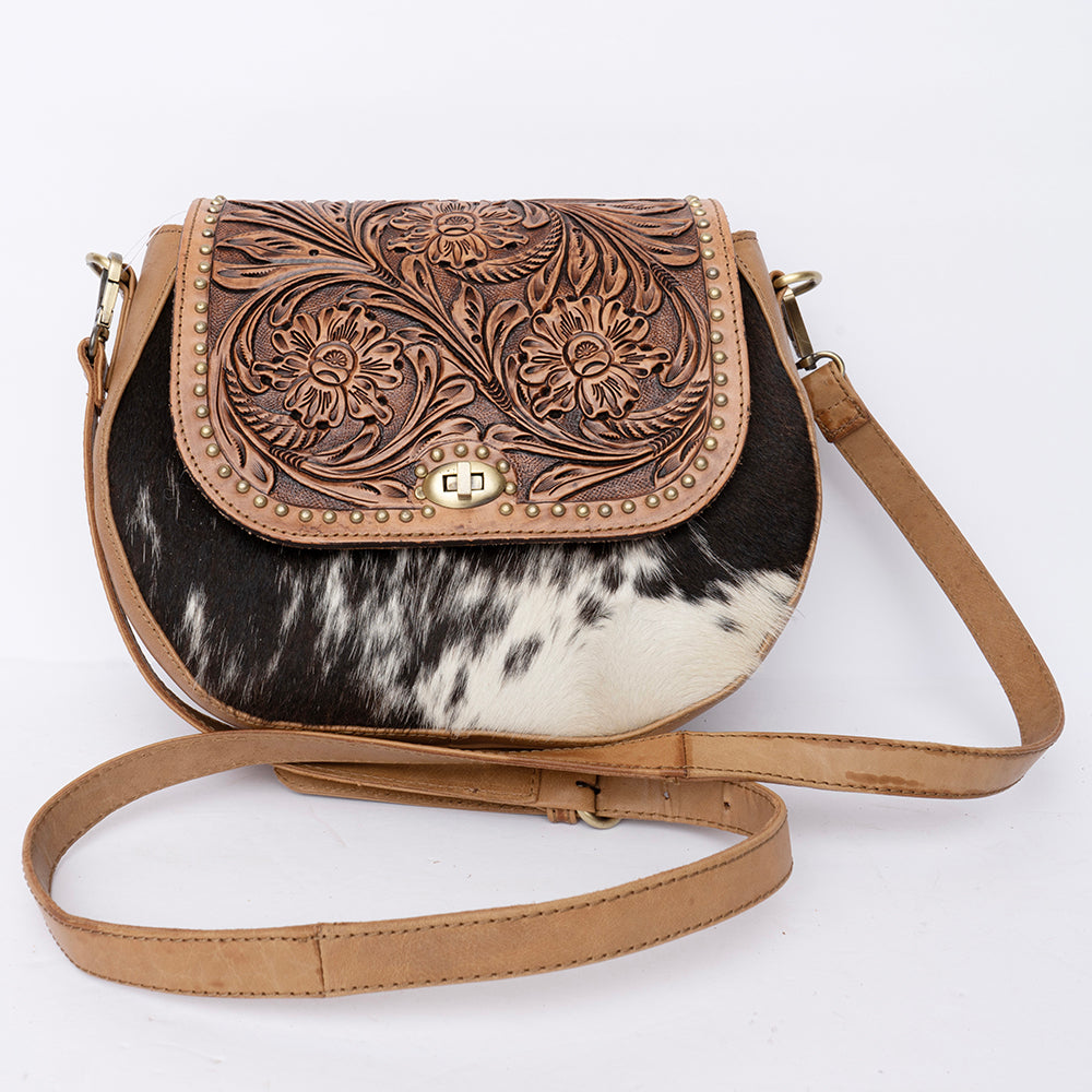 ADBGI220 Round Tooled Leather & Hair-On Crossbody Bag - Floral Flap Western Purse