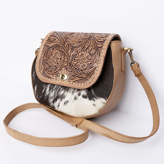 ADBGI220 Round Tooled Leather & Hair-On Crossbody Bag - Floral Flap Western Purse