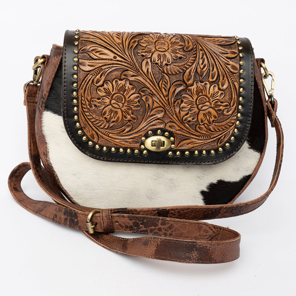 ADBGI220 Round Tooled Leather & Hair-On Crossbody Bag - Floral Flap Western Purse