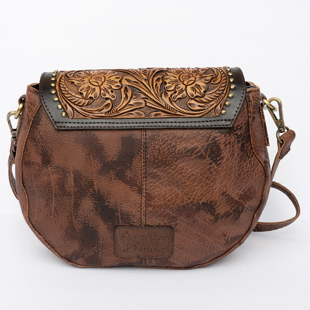 ADBGI220 Round Tooled Leather & Hair-On Crossbody Bag - Floral Flap Western Purse