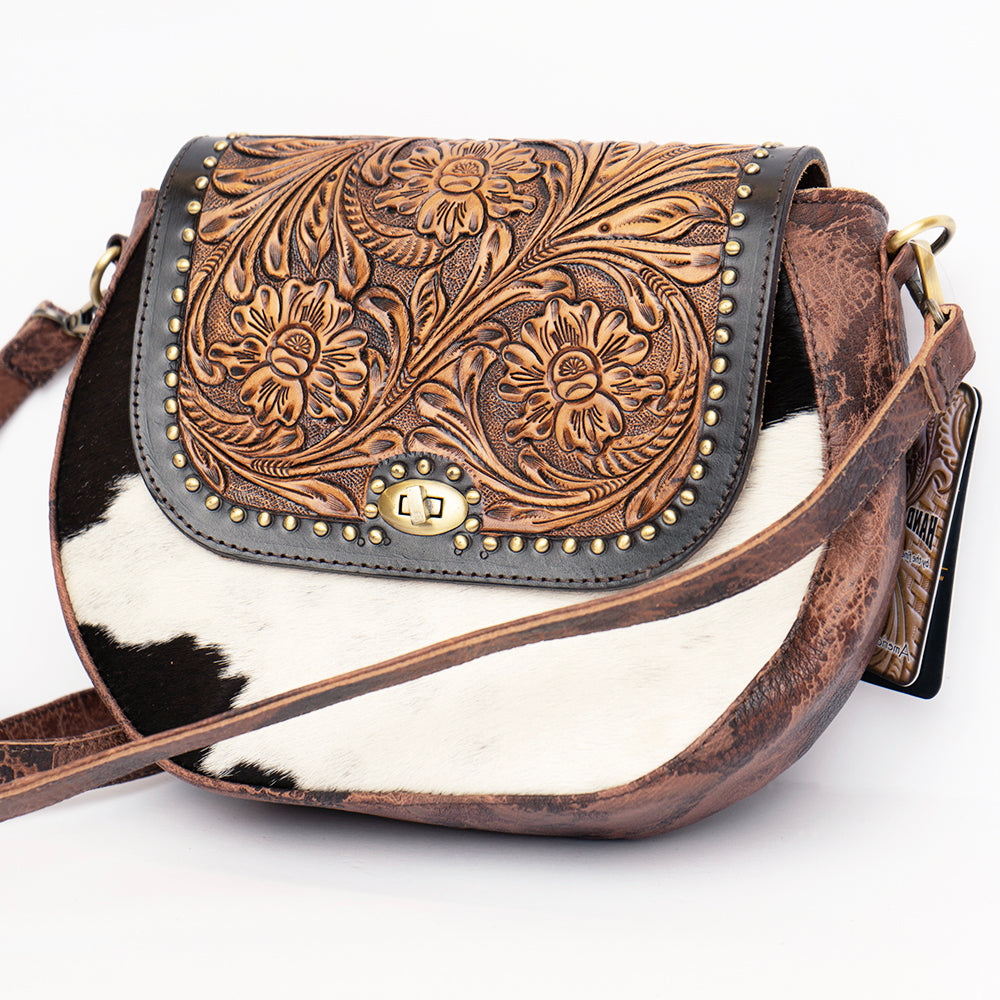 ADBGI220 Round Tooled Leather & Hair-On Crossbody Bag - Floral Flap Western Purse