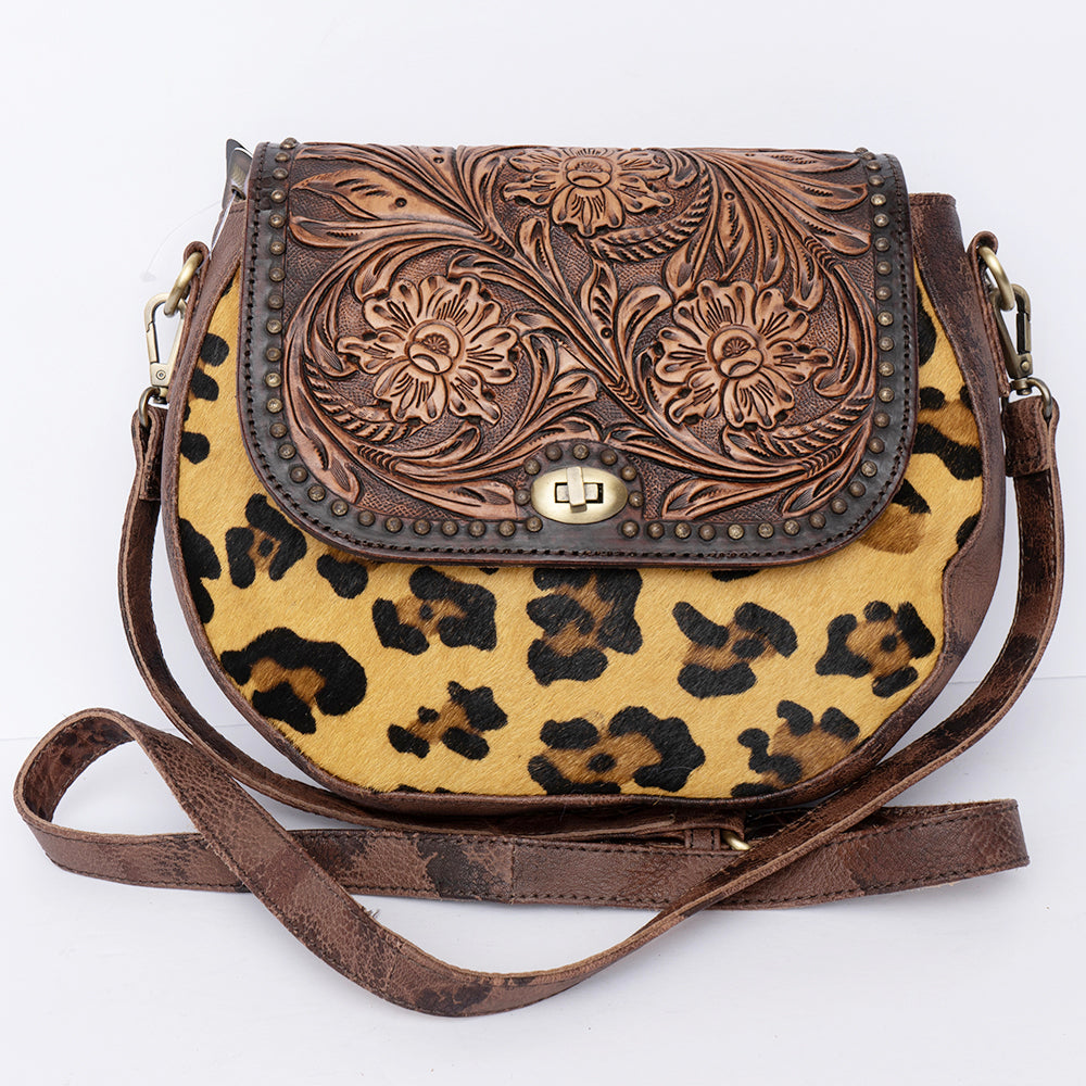 ADBGI220 Round Tooled Leather & Hair-On Crossbody Bag - Floral Flap Western Purse