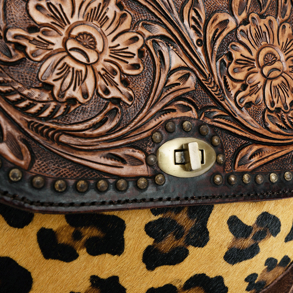 ADBGI220 Round Tooled Leather & Hair-On Crossbody Bag - Floral Flap Western Purse