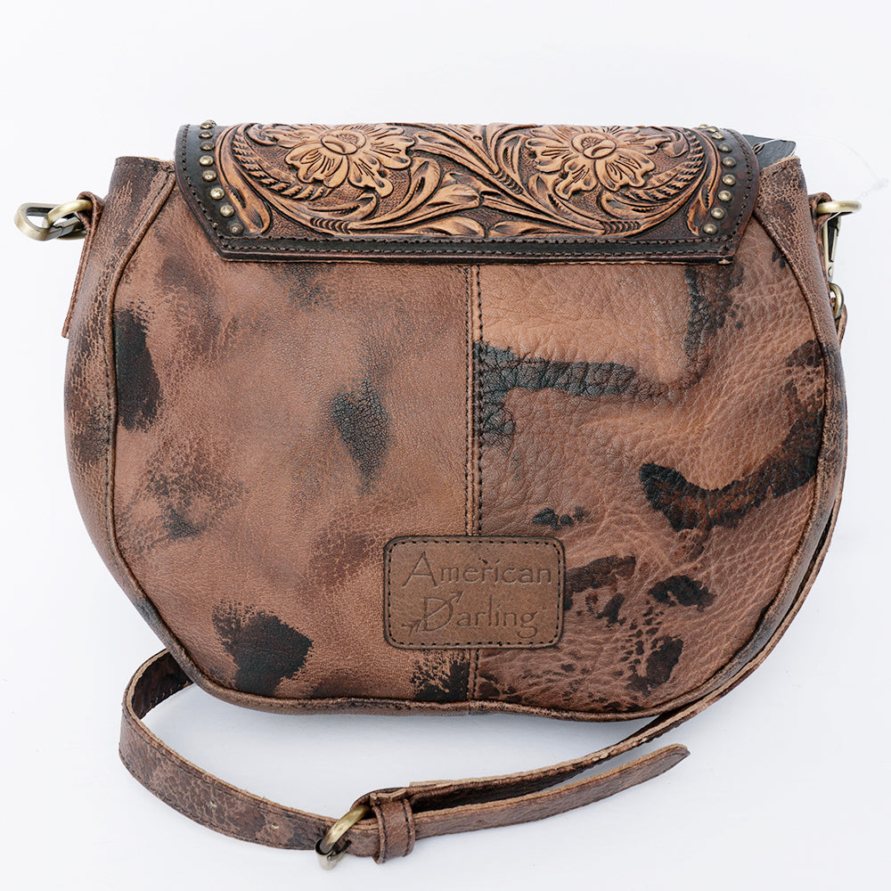 ADBGI220 Round Tooled Leather & Hair-On Crossbody Bag - Floral Flap Western Purse