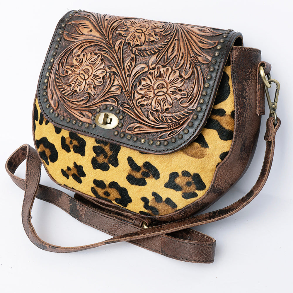 ADBGI220 Round Tooled Leather & Hair-On Crossbody Bag - Floral Flap Western Purse