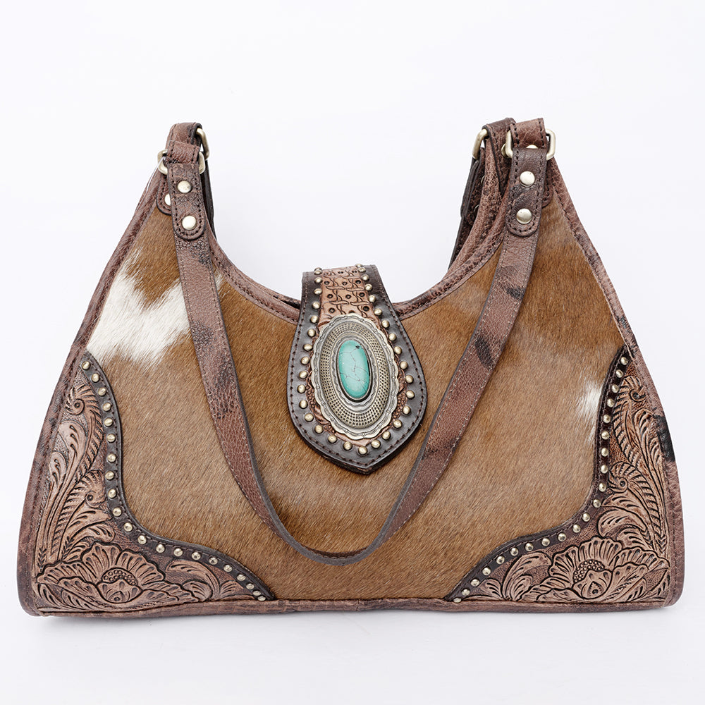 LC-ADBGI222B Tooled Leather Hair-On Hobo Bag with Turquoise Concho - Western Shoulder Purse