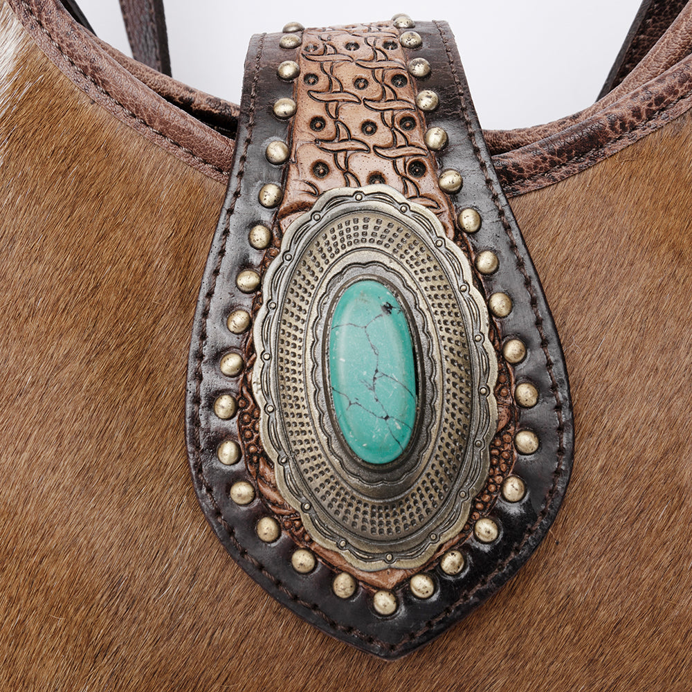 LC-ADBGI222B Tooled Leather Hair-On Hobo Bag with Turquoise Concho - Western Shoulder Purse