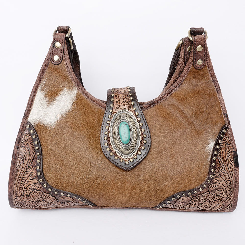LC-ADBGI222B Tooled Leather Hair-On Hobo Bag with Turquoise Concho - Western Shoulder Purse