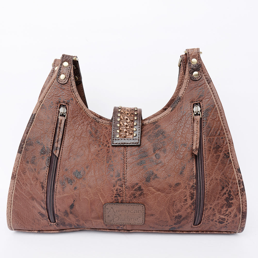 LC-ADBGI222B Tooled Leather Hair-On Hobo Bag with Turquoise Concho - Western Shoulder Purse