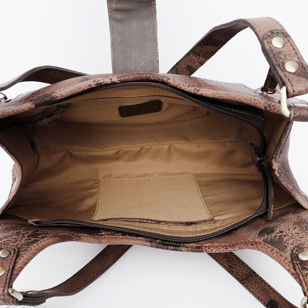 LC-ADBGI222B Tooled Leather Hair-On Hobo Bag with Turquoise Concho - Western Shoulder Purse