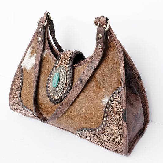 LC-ADBGI222B Tooled Leather Hair-On Hobo Bag with Turquoise Concho - Western Shoulder Purse