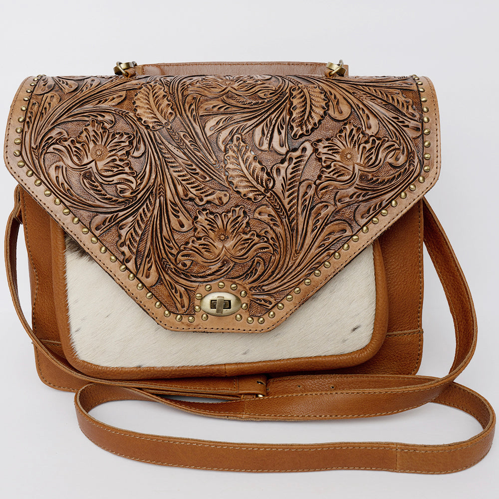 LC-ADBGI223A Tooled Leather & Hair-On Satchel Bag - Western Crossbody with Flap Closure