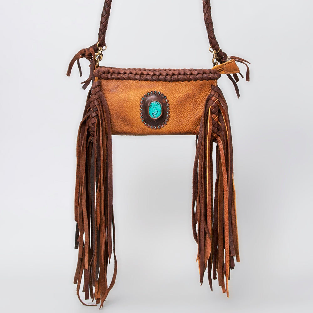 ADBGM277 Mini Fringe Crossbody - Braided Leather & Turquoise Concho