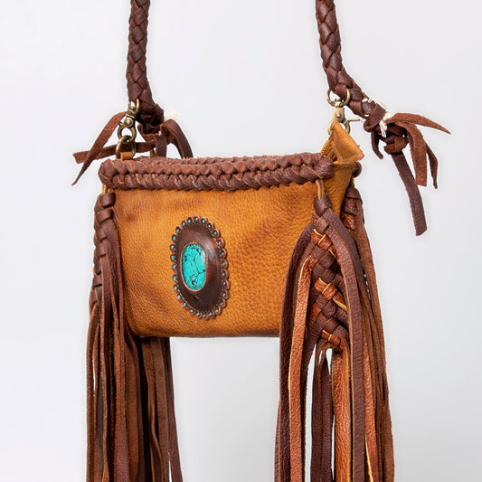 ADBGM277 Mini Fringe Crossbody - Braided Leather & Turquoise Concho