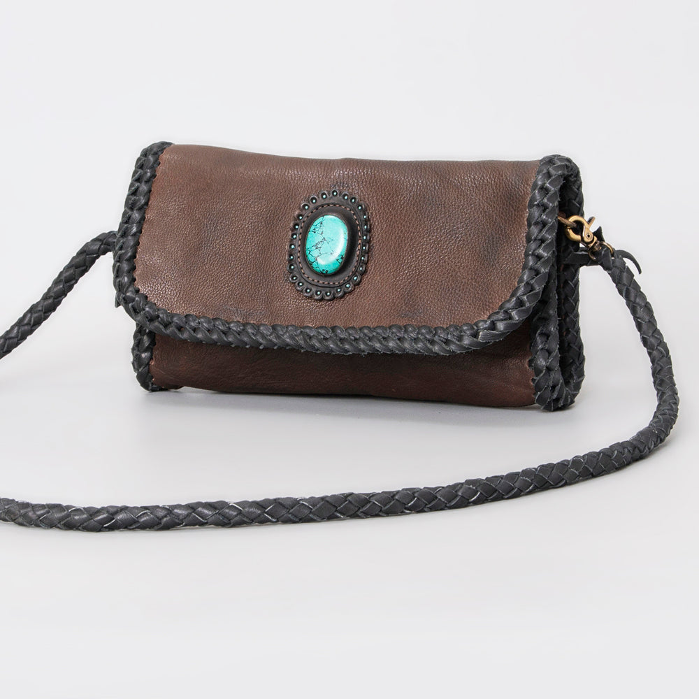 ADBGM267 Mini Western Leather Wallet - Braided Edge & Turquoise Concho