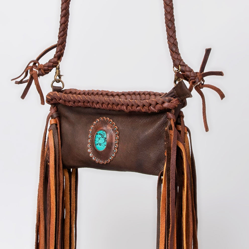 ADBGM277 Mini Fringe Crossbody - Braided Leather & Turquoise Concho