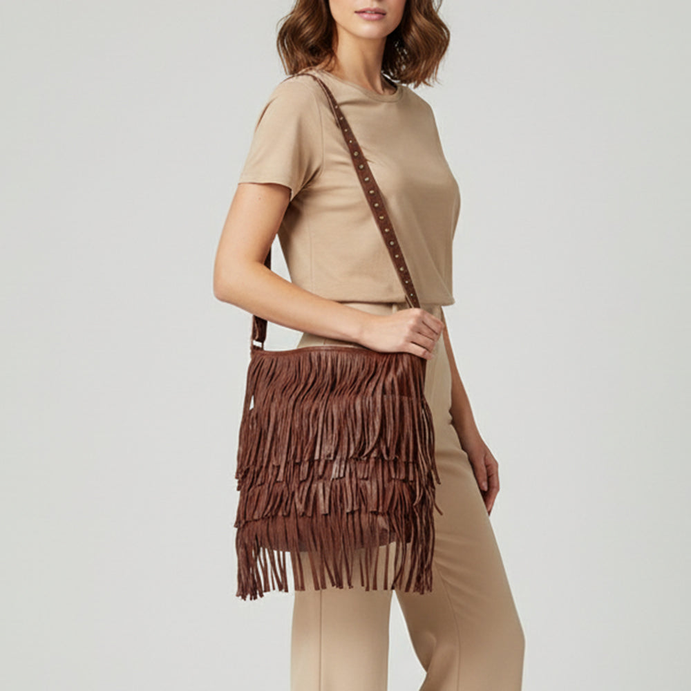 ADBGM308 Layered Fringe Leather Crossbody - Western Festival Bag with Studded Strap
