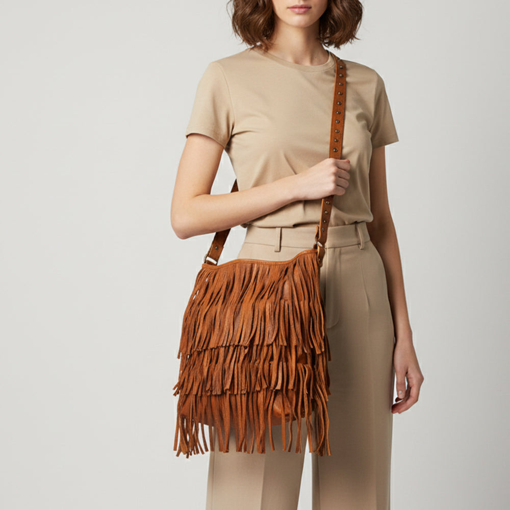 ADBGM308 Layered Fringe Leather Crossbody - Western Festival Bag with Studded Strap
