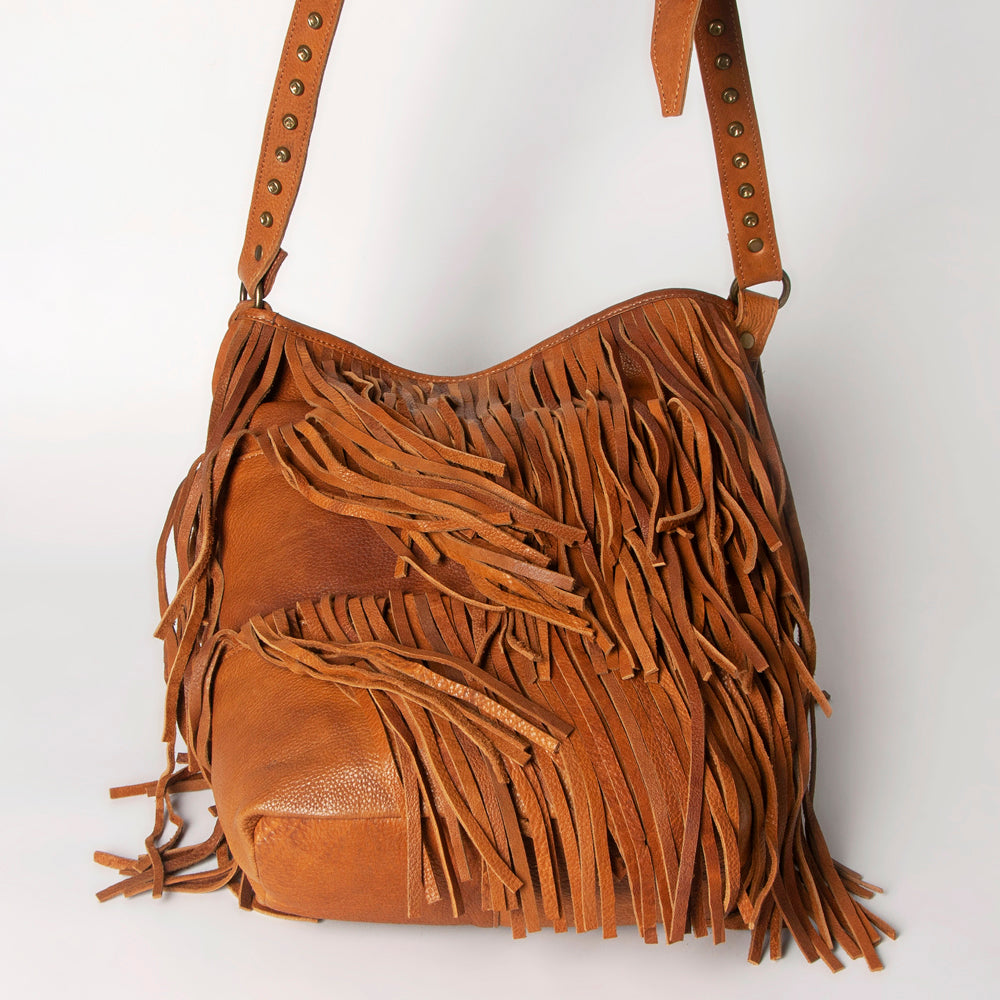 ADBGM308 Layered Fringe Leather Crossbody - Western Festival Bag with Studded Strap