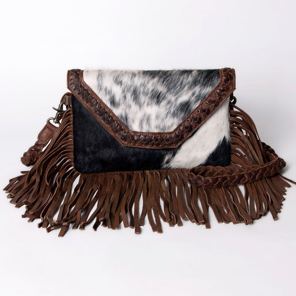 ADBGM298 Cowhide Envelope Crossbody - Fringe, Braided Trim & Hair-On Hide