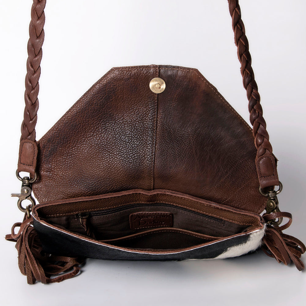 ADBGM298 Cowhide Envelope Crossbody - Fringe, Braided Trim & Hair-On Hide