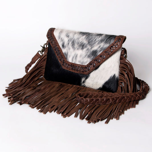 ADBGM298 Cowhide Envelope Crossbody - Fringe, Braided Trim & Hair-On Hide
