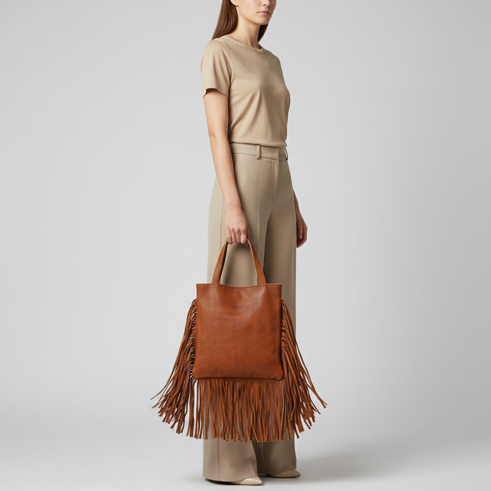 ADBGM305 Rustic Leather Fringe Tote - Boho Western Bag with Long Fringe Detail