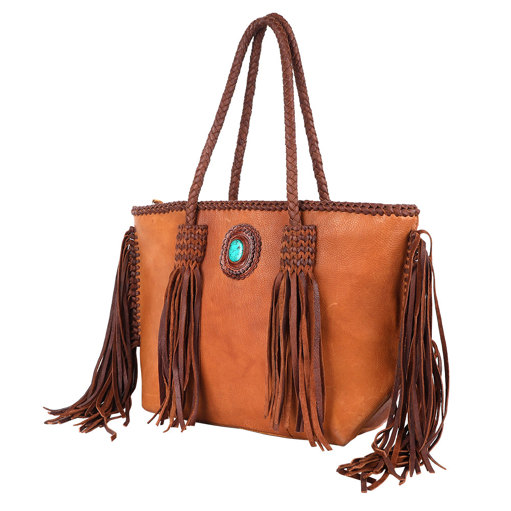 LC-ADBGM276 Tan Western Leather Tote - Fringe, Braided Handles & Turquoise Concho