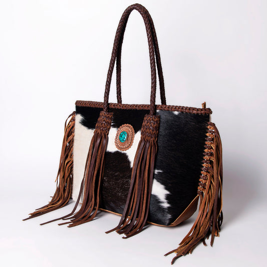 LC-ADBGM276 Cowhide Western Tote - Braided Handles, Fringe & Turquoise Concho