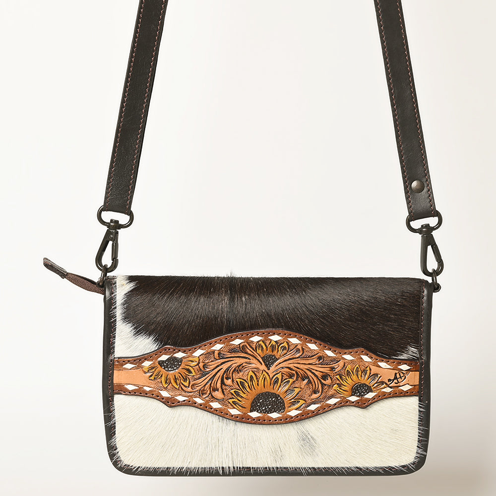 LC-ADBGZ692L Hand-Tooled Leather Cowhide Crossbody Bag - Sunflower Accent Panel