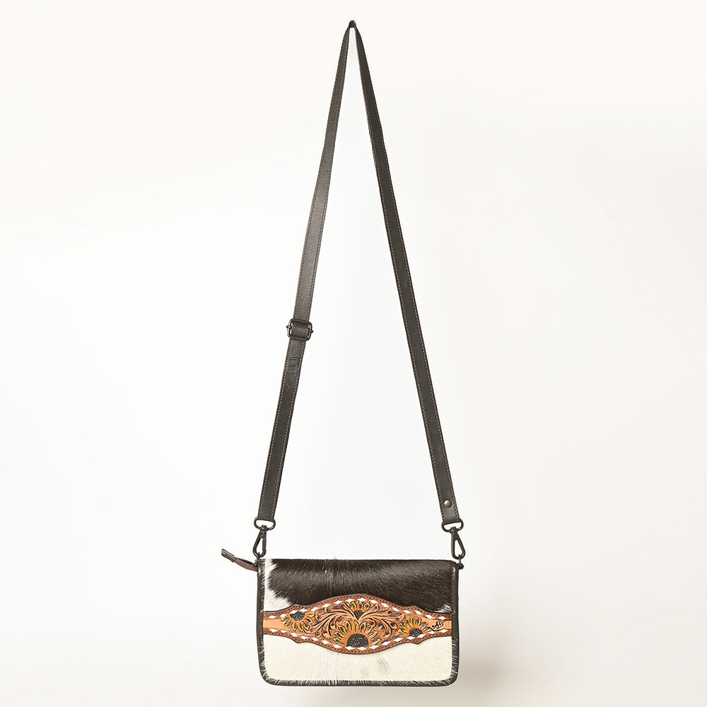 LC-ADBGZ692L Hand-Tooled Leather Cowhide Crossbody Bag - Sunflower Accent Panel