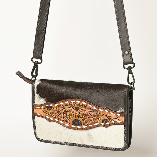 LC-ADBGZ692L Hand-Tooled Leather Cowhide Crossbody Bag - Sunflower Accent Panel
