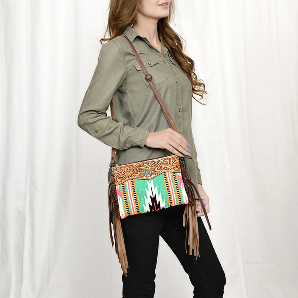 LC-ADBGZ183 Southwestern Wool Crossbody Bag with Tooled Leather & Desert Concho - Fringe Western Purse