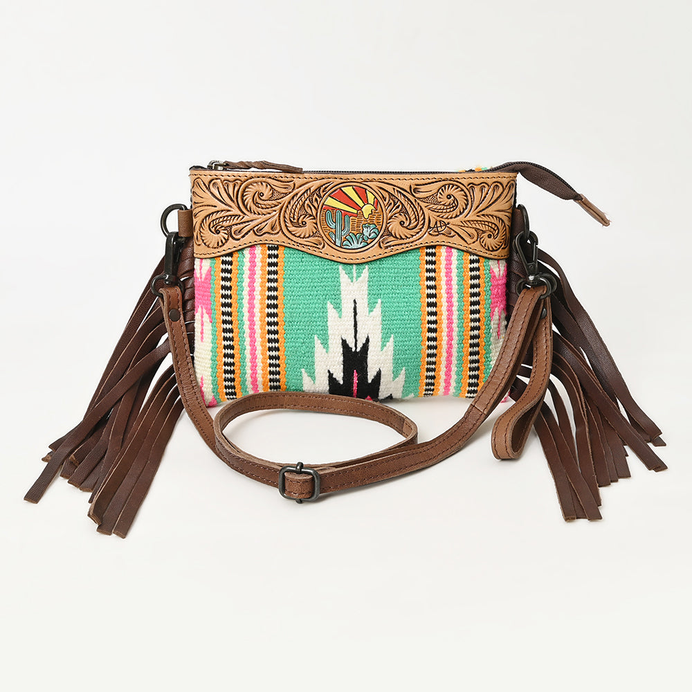 LC-ADBGZ183 Southwestern Wool Crossbody Bag with Tooled Leather & Desert Concho - Fringe Western Purse