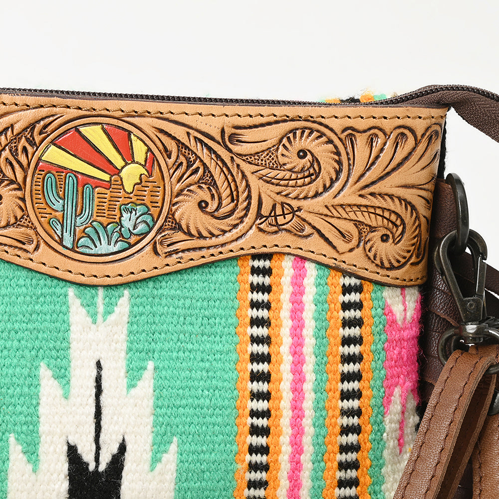 LC-ADBGZ183 Southwestern Wool Crossbody Bag with Tooled Leather & Desert Concho - Fringe Western Purse