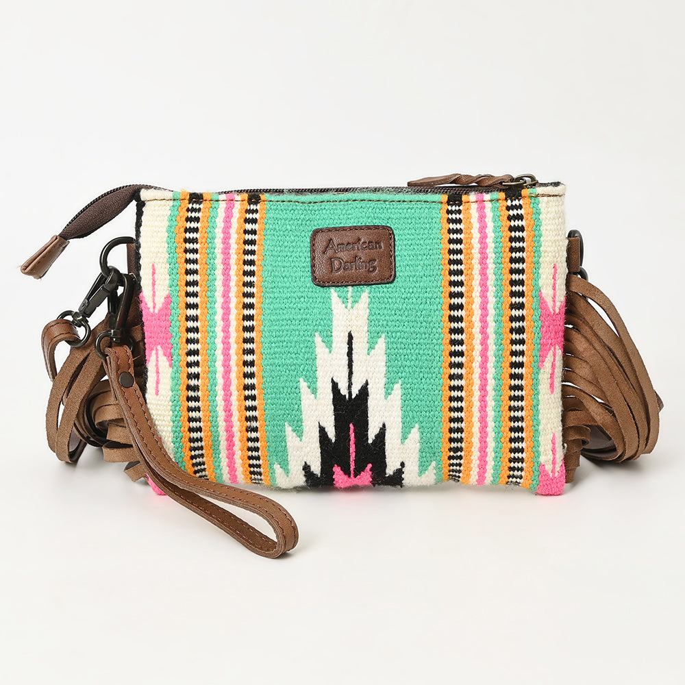 LC-ADBGZ183 Southwestern Wool Crossbody Bag with Tooled Leather & Desert Concho - Fringe Western Purse