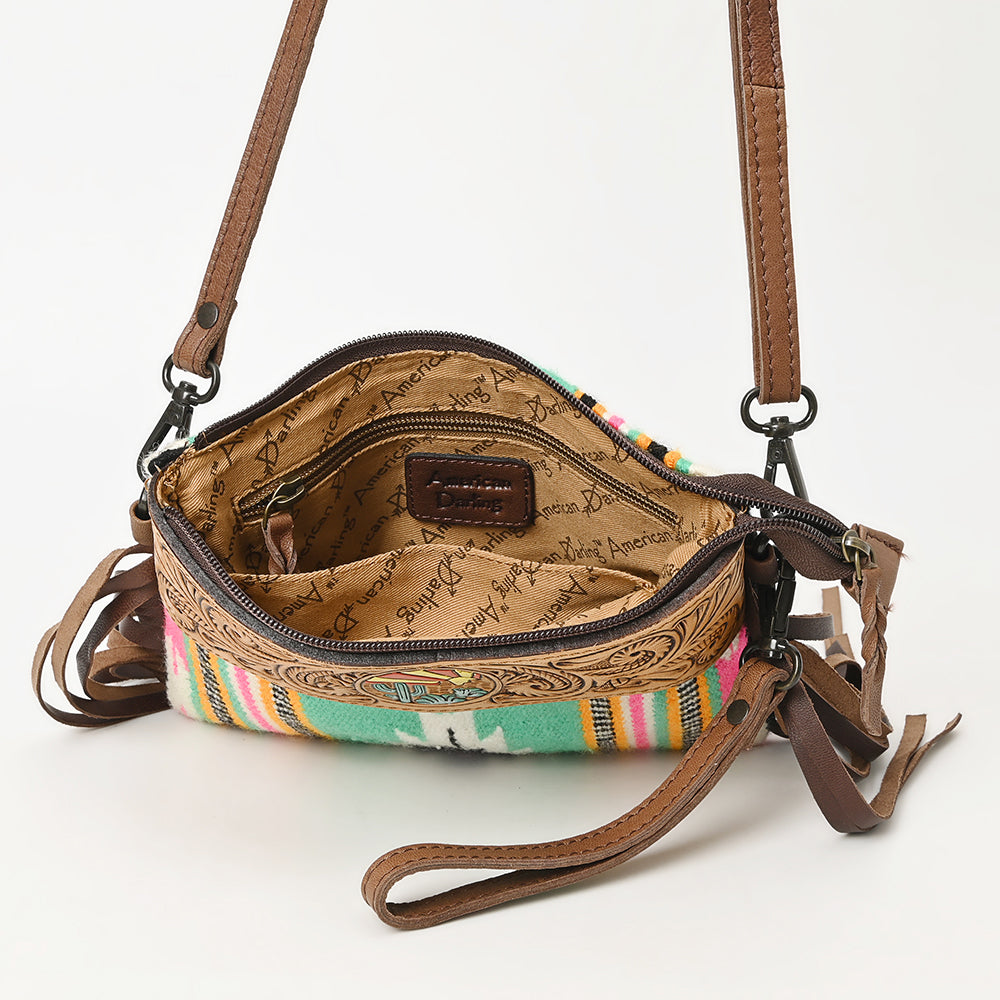 LC-ADBGZ183 Southwestern Wool Crossbody Bag with Tooled Leather & Desert Concho - Fringe Western Purse