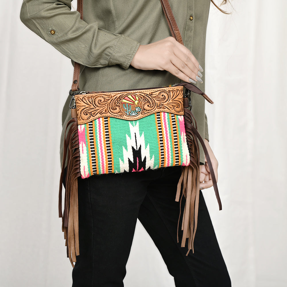 LC-ADBGZ183 Southwestern Wool Crossbody Bag with Tooled Leather & Desert Concho - Fringe Western Purse