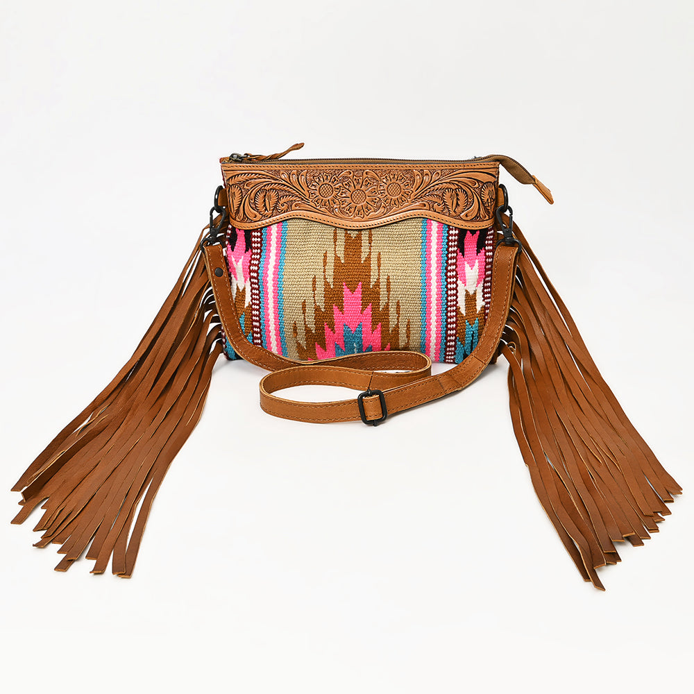 LC-ADBGZ184 Southwestern Wool Crossbody Bag with Tooled Leather & Fringe - Western Fringe Purse